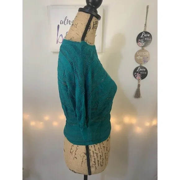 (B-61)‎Express Women’s XS Green Open Knit Sweater Short Sleeve 100% Rayon Lightw - Picture 5 of 9